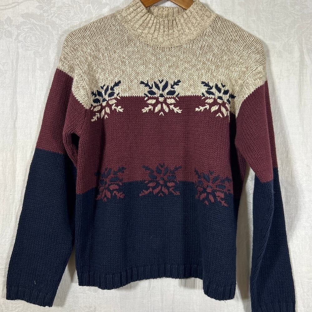 Vintage Sweater Medium Burgundy Tan Navy Snowflakes Mock Neck Chunky Knit